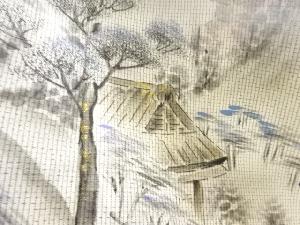 アンティーク　作家物　手描き山小屋風景模様本場大島紬着物